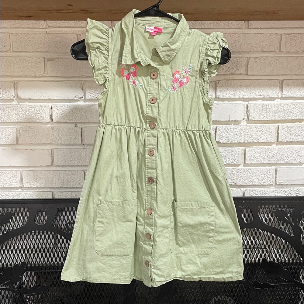 Penelope Mack Light Green Button-Down Kids Dress with Pink Floral Accents